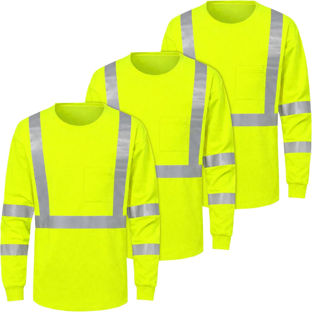 FATONE High Visibility Long Sleeve Safety Shirts for Men Reflective Work Shirts for Construction Breathable ANSI Class 3, Yellow XL