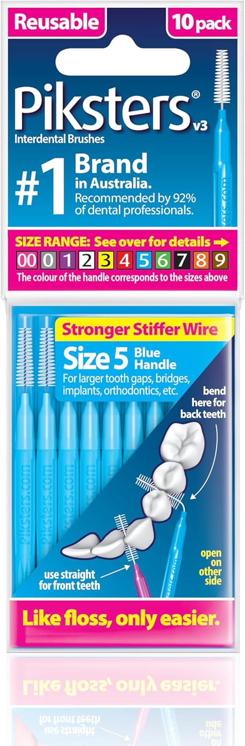 Piksters Interdental Brushes, 10 pk, Size 5, Interdental Tooth Brush for Large Gaps, Gum Soft Bristles for Plaque Removal, Safe for Braces