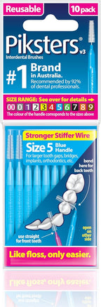 Piksters Interdental Brushes, 10 pk, Size 5, Interdental Tooth Brush for Large Gaps, Gum Soft Bristles for Plaque Removal, Safe for Braces