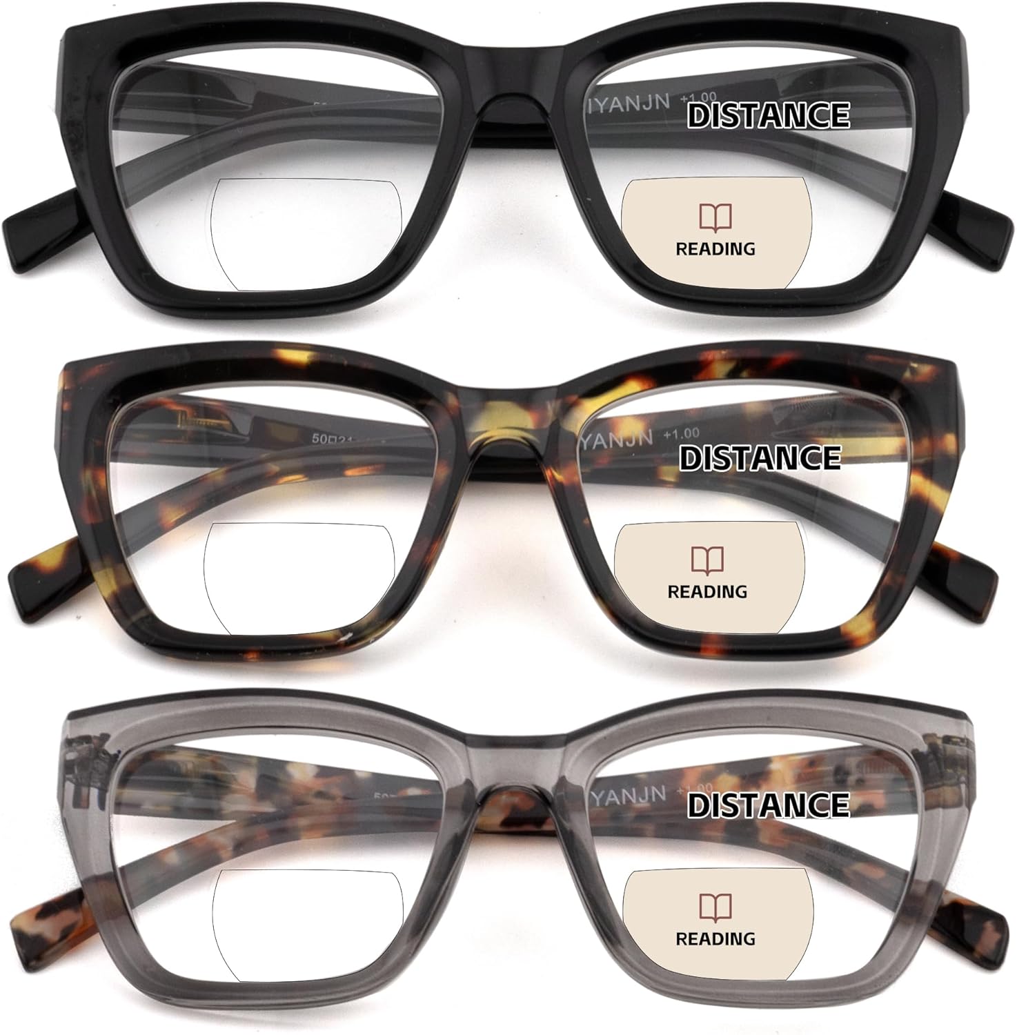 HIYANJN Bifocal Reading Glasses For Women Men 3 Pack Fashion Cat Eye Computer Readers Clear Top Oversized Eyeglasses