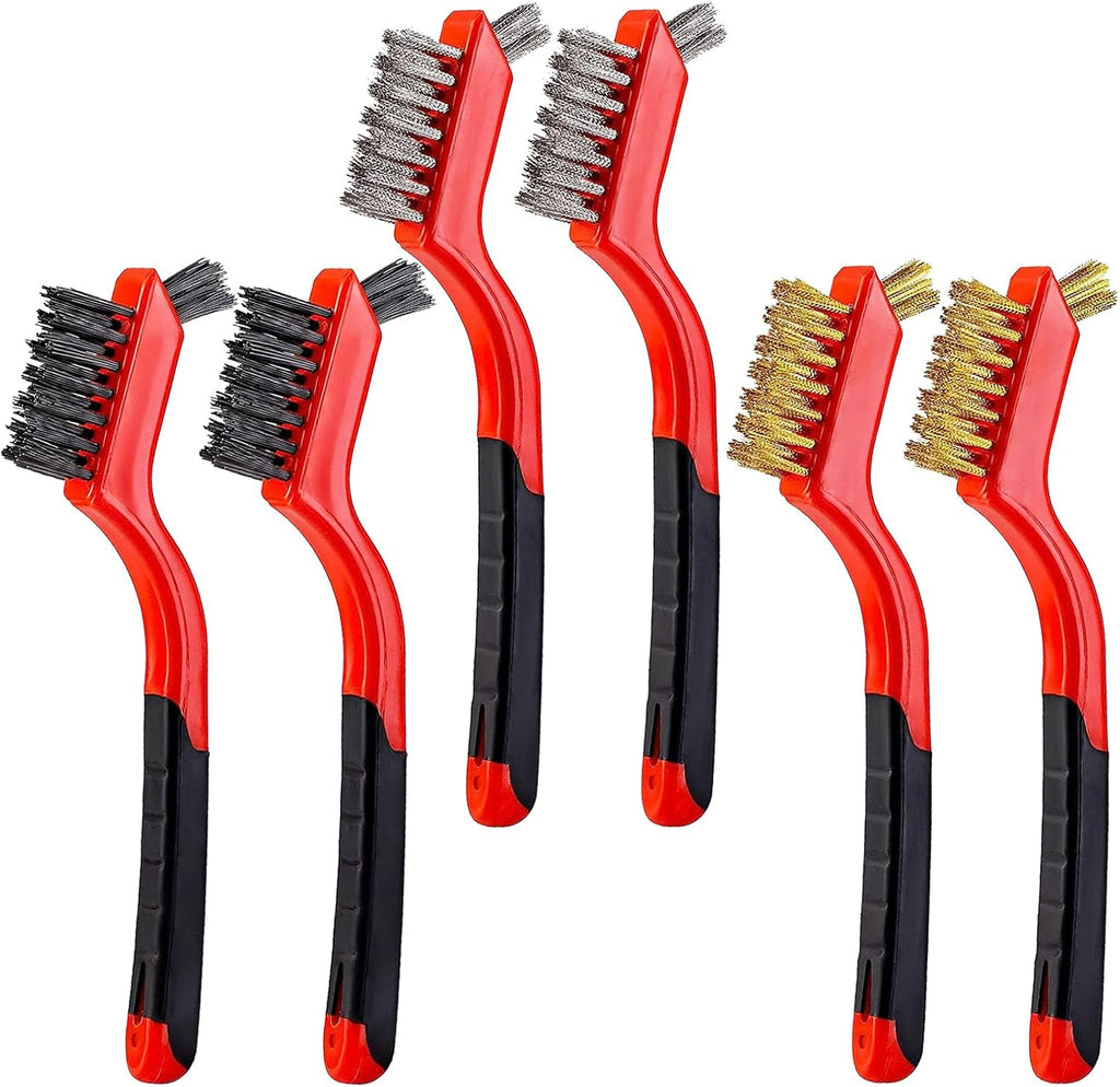 YiwerDer 6Pcs Mini Wire Brush Set, Stainless Steel/Brass/Nylon Bristles Wire Brushes, Curved Handle Soft Grip for Rust, Dirt & Paint Scrubbing with Deep Cleaning – 7 Inches (Red)