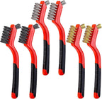 YiwerDer 6Pcs Mini Wire Brush Set, Stainless Steel/Brass/Nylon Bristles Wire Brushes, Curved Handle Soft Grip for Rust, Dirt & Paint Scrubbing with Deep Cleaning – 7 Inches (Red)