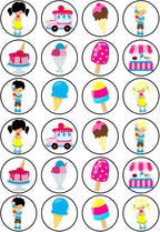 24 Ice Cream Theme Edible Cupcake Toppers - Stand Up Discs Wafer Cake Decorations, Candy Gelato Cake Toppers, Kawaii Ice Cream Party Decorations, 4cm / 1.5 Inch Wafer Card Discs