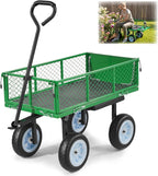 VEVOR 500 LBS Steel Garden Cart with Work Seat, Heavy Duty Garden Wagon Cart on Wheels, Outdoor Metal Utility Yard Wagon Gardening Stool with 10inch Flat Free Tires & Adjustable Handle, Green