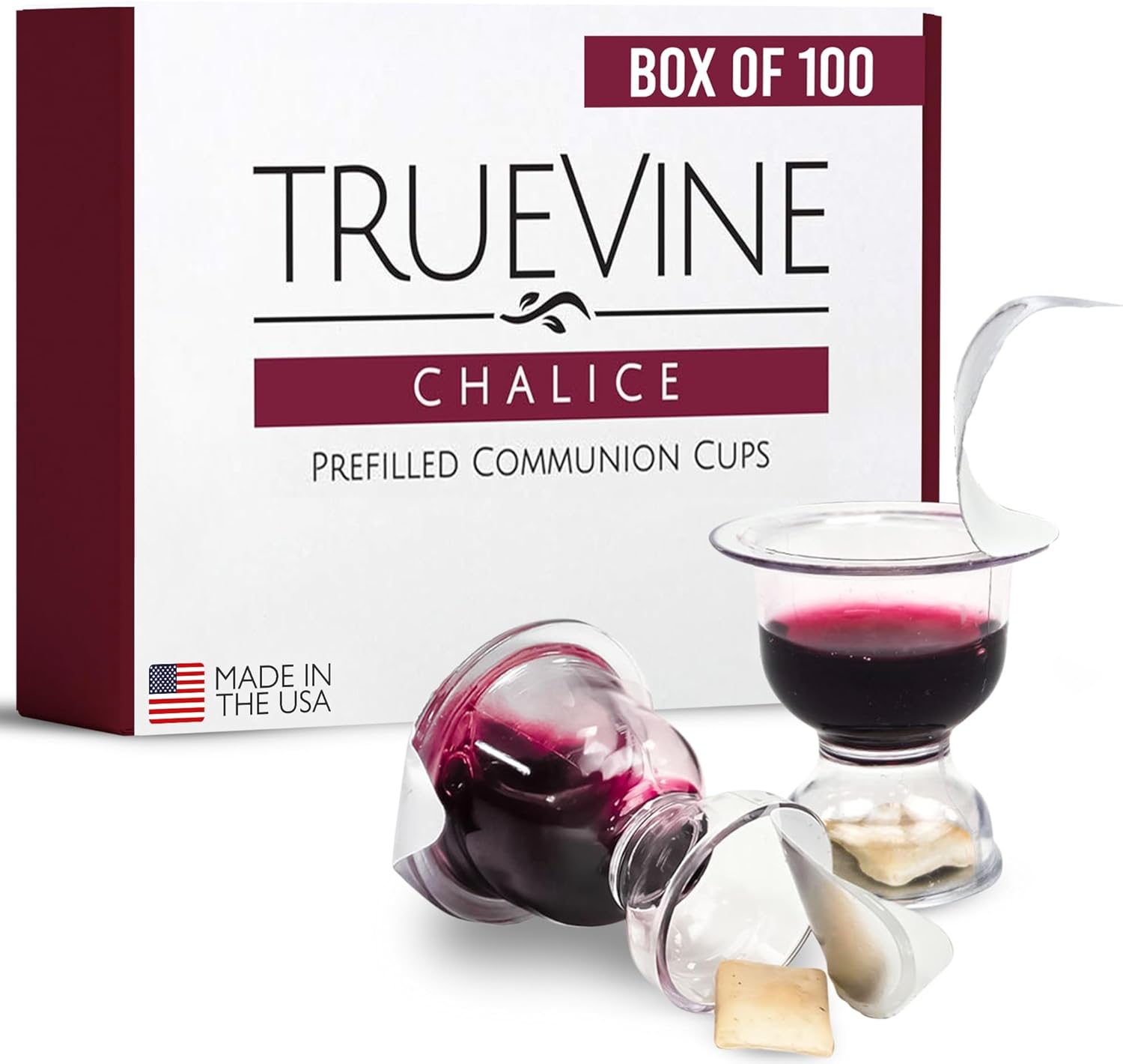 TrueVine Chalice Communion Cups and Wafer Set - Prefilled Cups w/Fresh Unleavened Bread & Grape Juice - Carefully Packaged & Easy to Open Elements for your Church Services, Fits in Trays (100 Count)