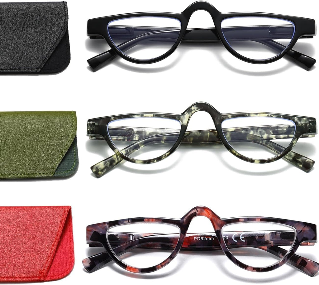 Hubeye 3 Pairs Plastic Retro Half Moon Frame Reading Glasses Lightweight Spring Hinge Women and Men Reader Black+Red+Green +2.5