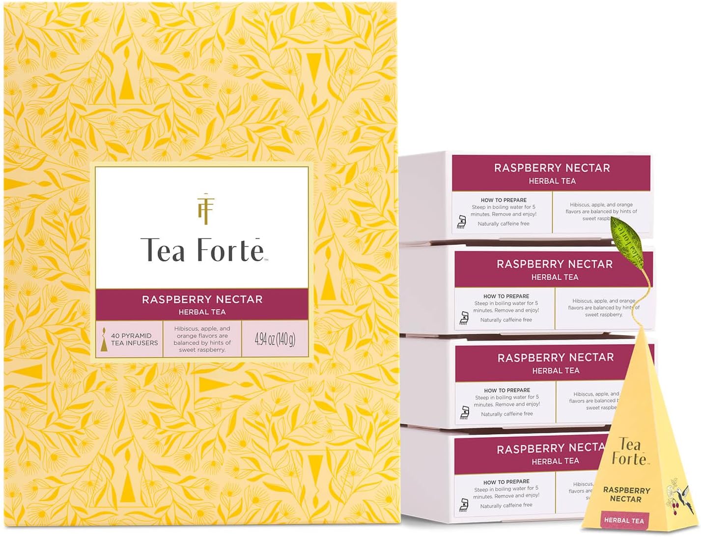 Tea Forte Raspberry Nectar Premium Caffeine-Free Herbal Tea Blend Event Box, Bulk Pack 40 Count, 10 per tray Individually Wrapped Handcrafted Pyramid Infusers