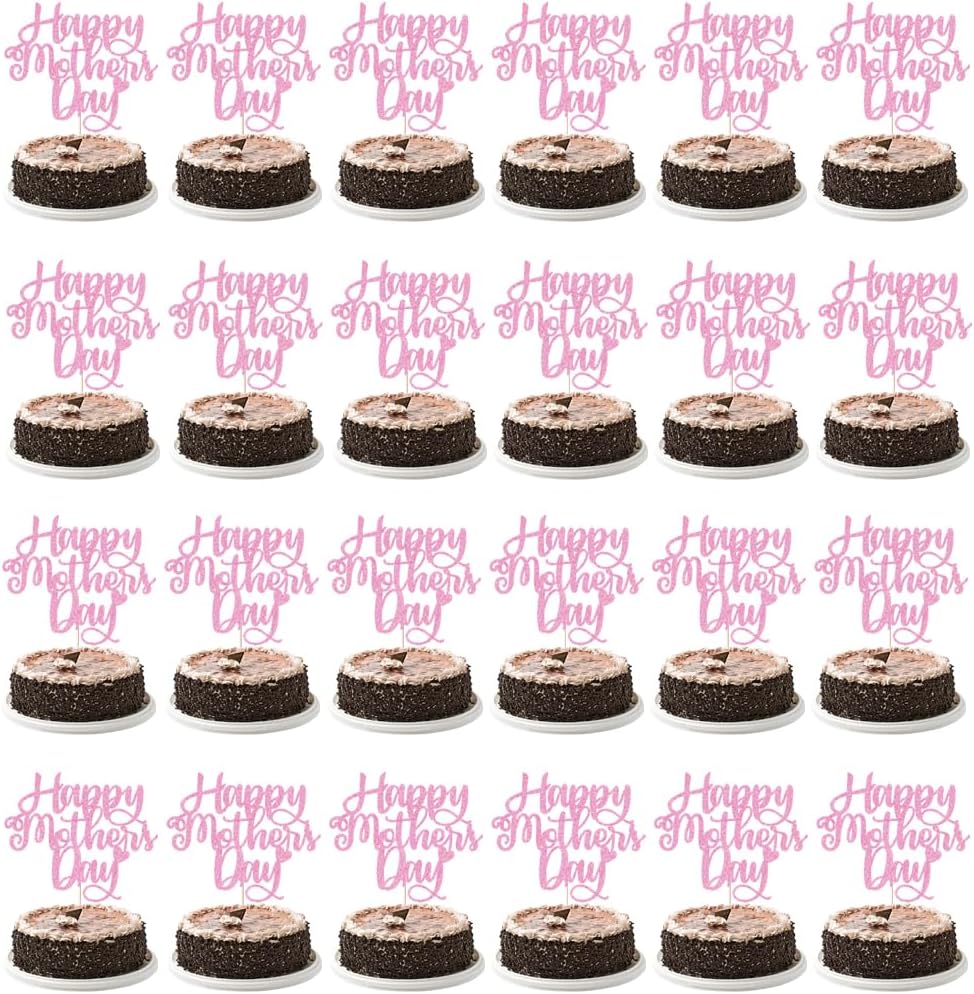 24 PCS Happy Mother's Day Cupcake Toppers with Glitter Heart Love Mother Best Mom Cupcake Picks for Happy Mother's Day Theme Women Birthday Party Cake Decorations Supplies Pink