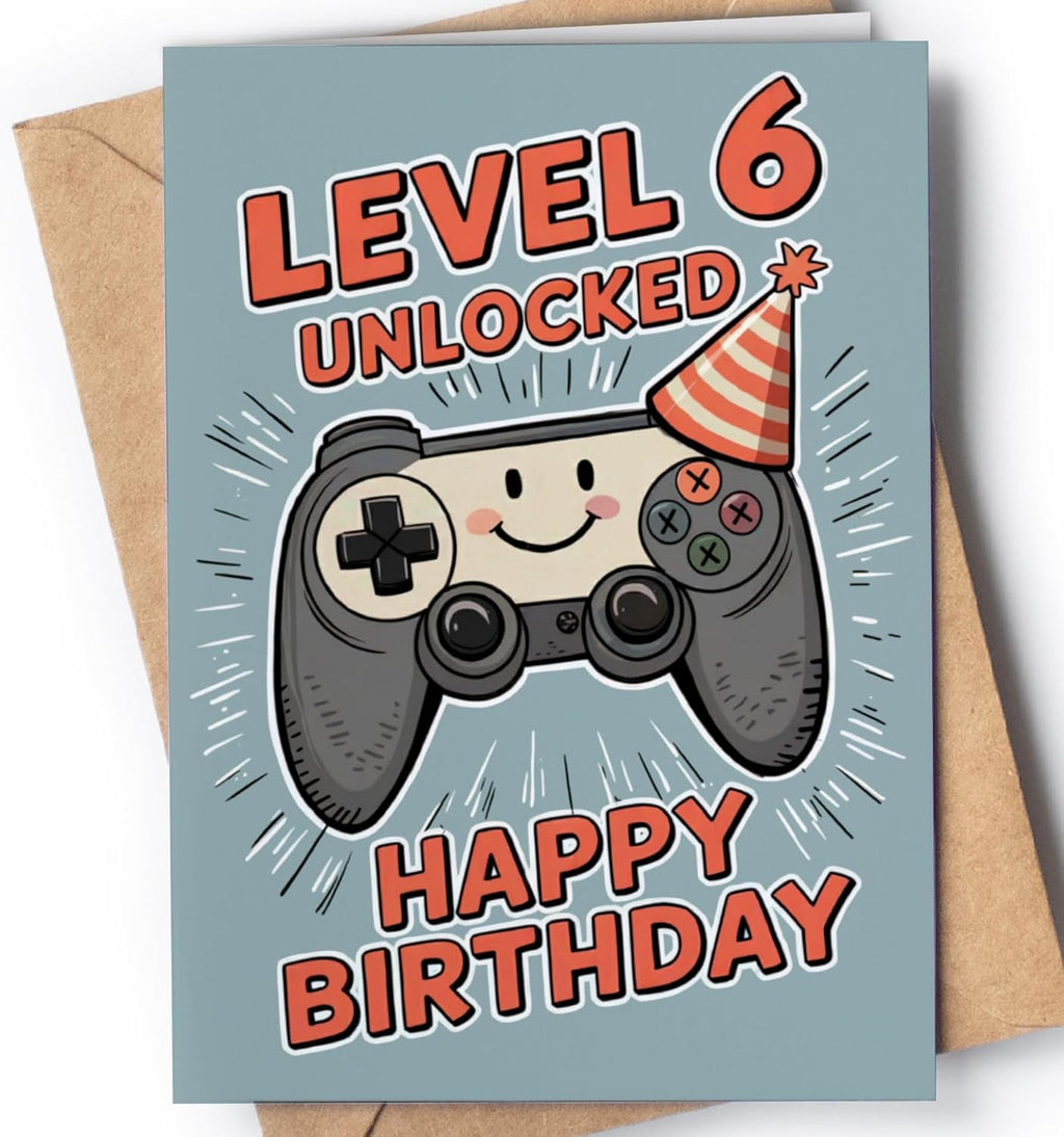 Happy 6th Birthday Card for Boy - Cool 6 Year Old Birthday Card for Son, Grandson, Nephew - Cute Gamer Level 6 Bday Cards for Kids - Age 6 Video Game Themed Greeting Cards for Boys, Gamers - NUM 302