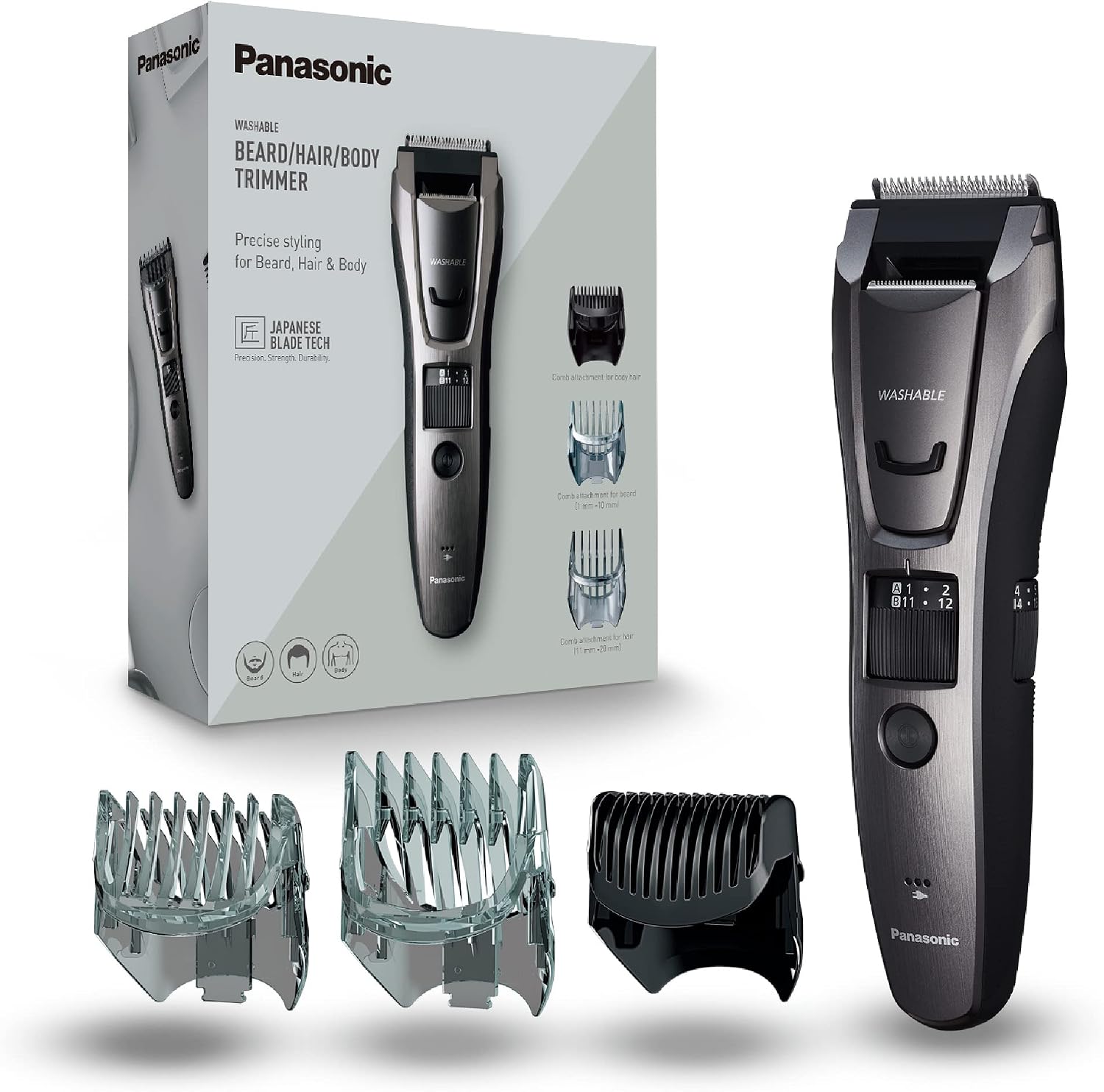 Panasonic ER-GB80 Wet and Dry Electric Beard, Hair and Body Trimmer for Men, 18 x 5.2 x 4.3 cm, Grey, 330 g, ER-GB80-H511, UK 2 Pin Plug