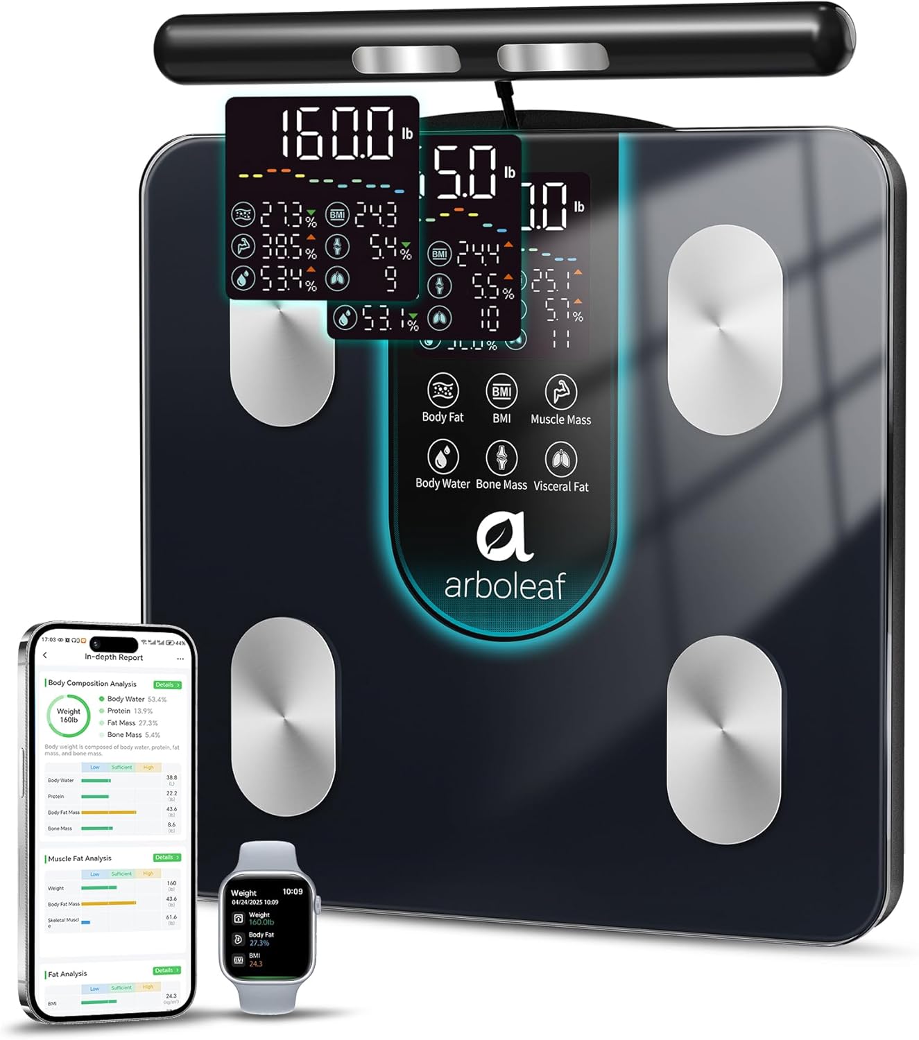 arboleaf Smart Scale for Body Weight, 8-Electrode Dual-Frequency BIA Bathroom Scale with 7-in-1 Display for BMI Body Fat Muscle Mass, Segmental Full Body Composition Analyzer, 50+ Metrics in App