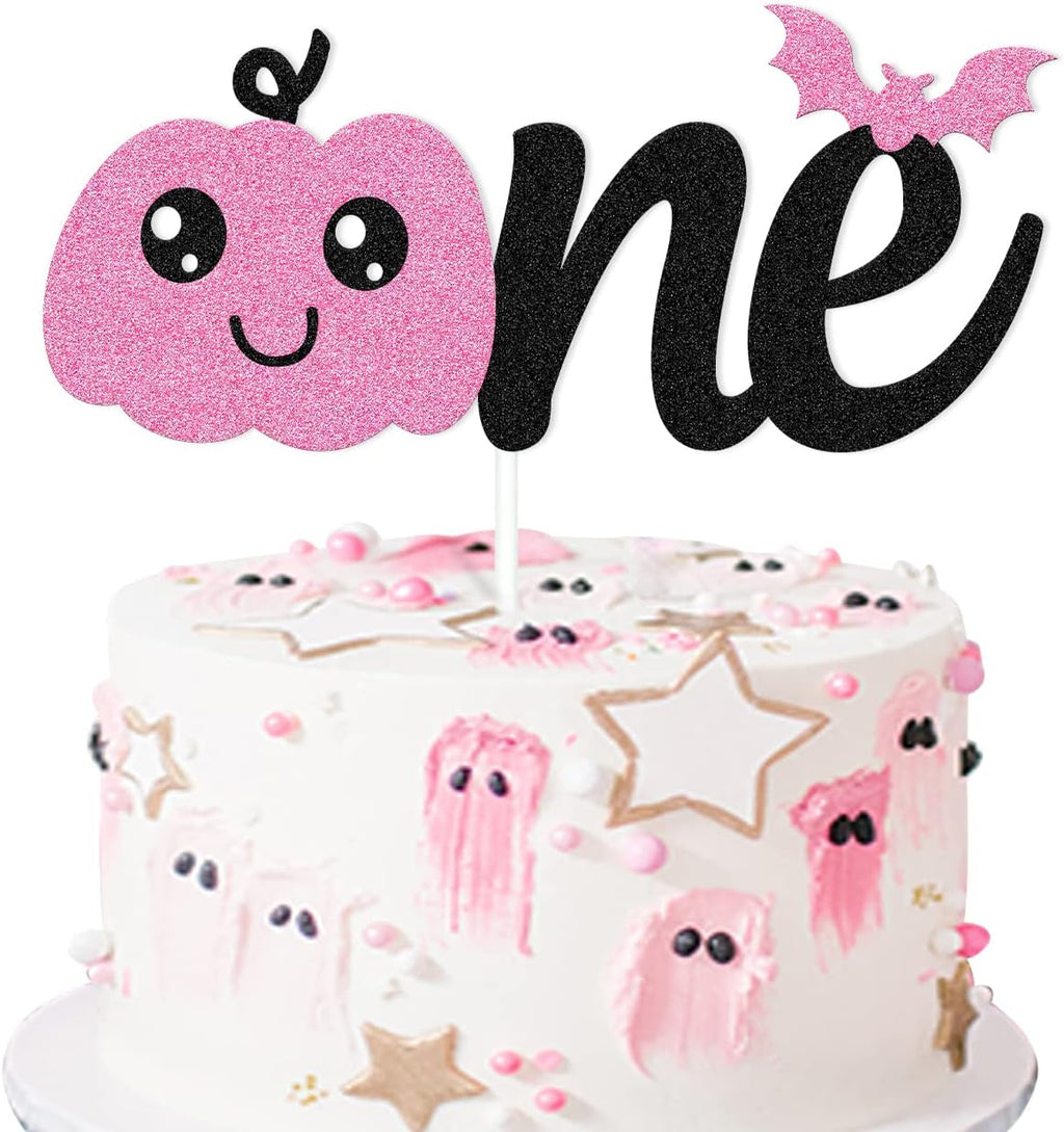 Halloween One Cake Topper Halloween Pumpkin Bat The Spooky One Theme Cake Decoration for Little Girl’s First Birthday Baby Shower Party Supplies