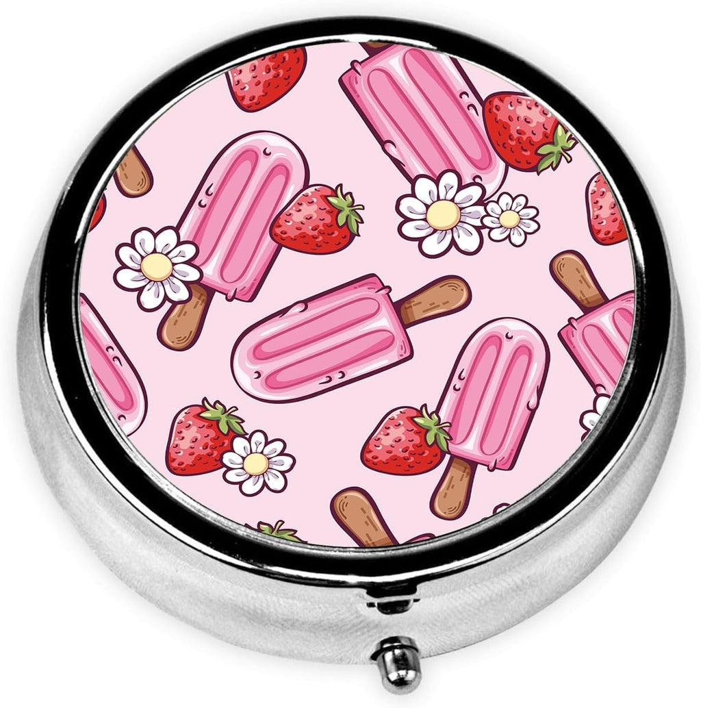 Ice Cream Pill Box 3 Compartment Small Pill Case,Portable for Pocket or Purse Pill Organizer Pill Container Holder with Mirror to Hold Vitamins, Medication, Fish Oil and Supplements