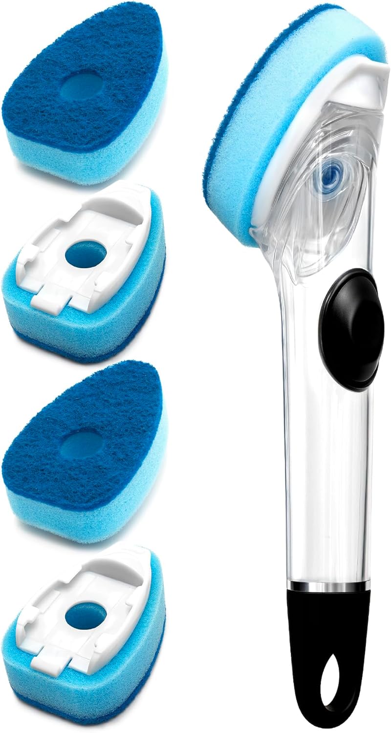 Dishwand with Refills, Dish Wand with Handle Replacement Sponge Heads, Non Scratch Soap Control Leak-Proof Dispenser Scrub,Heavy Duty Advanced Scrubber Brush Pads for Cleaning Dishes Sink Washing Tool