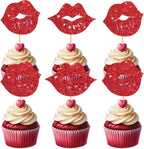 Big Lip Cupcake Topper for Bachelorette Bridal Shower Theme Party Favors Decorations Women Lady Girls Birthday Girls' Night Out Happy Birthday Party Decor Supplies set 18pcs Red Glitter Silhouette