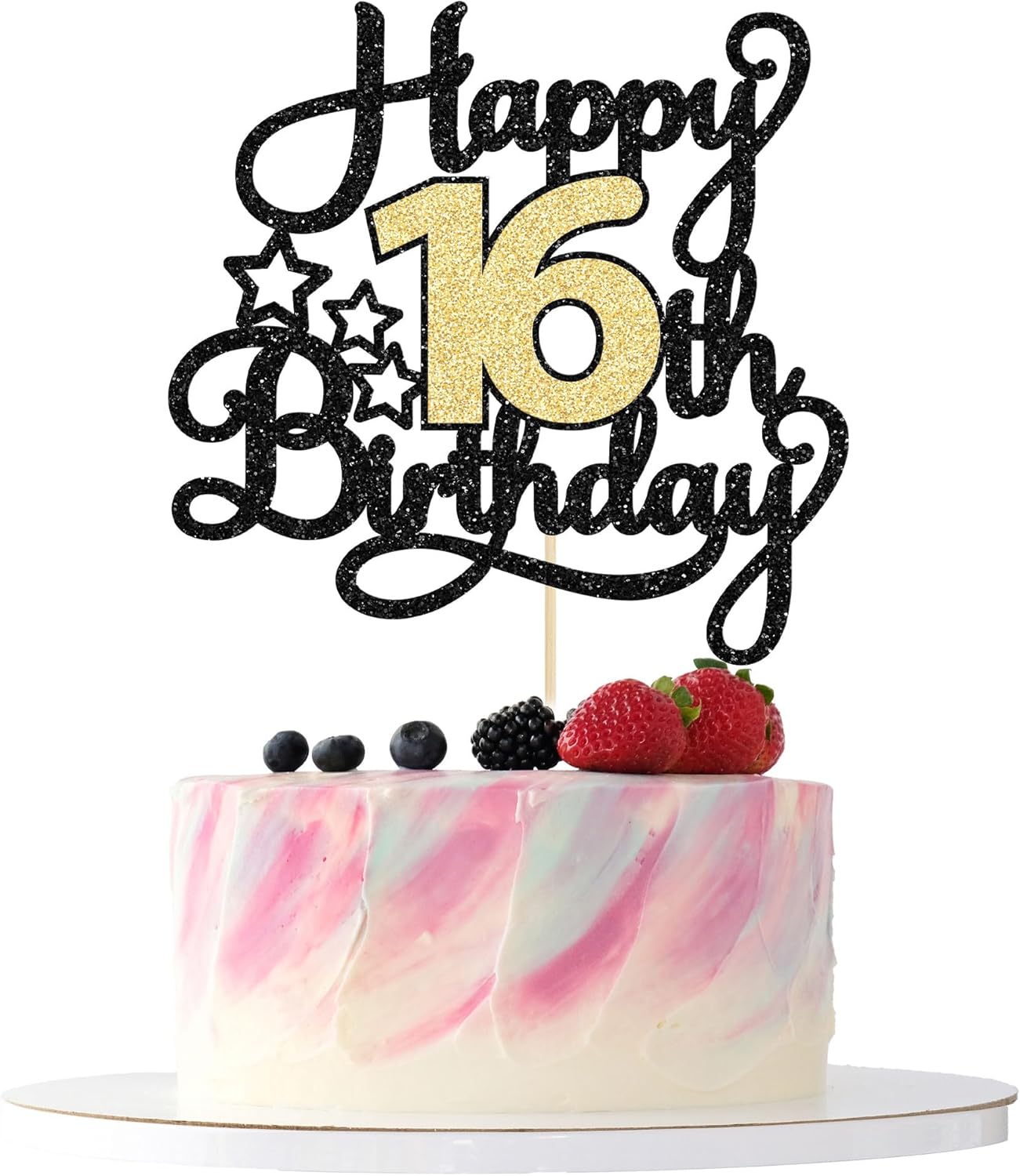 1Pc Happy 16th Birthday Cake Topper Glitter Sweet 16 Cake Topper 16 Fabulous Cake Decoration for Happy 16th Birthday Anniversary Party Cake Decorations Supplies Black Gold