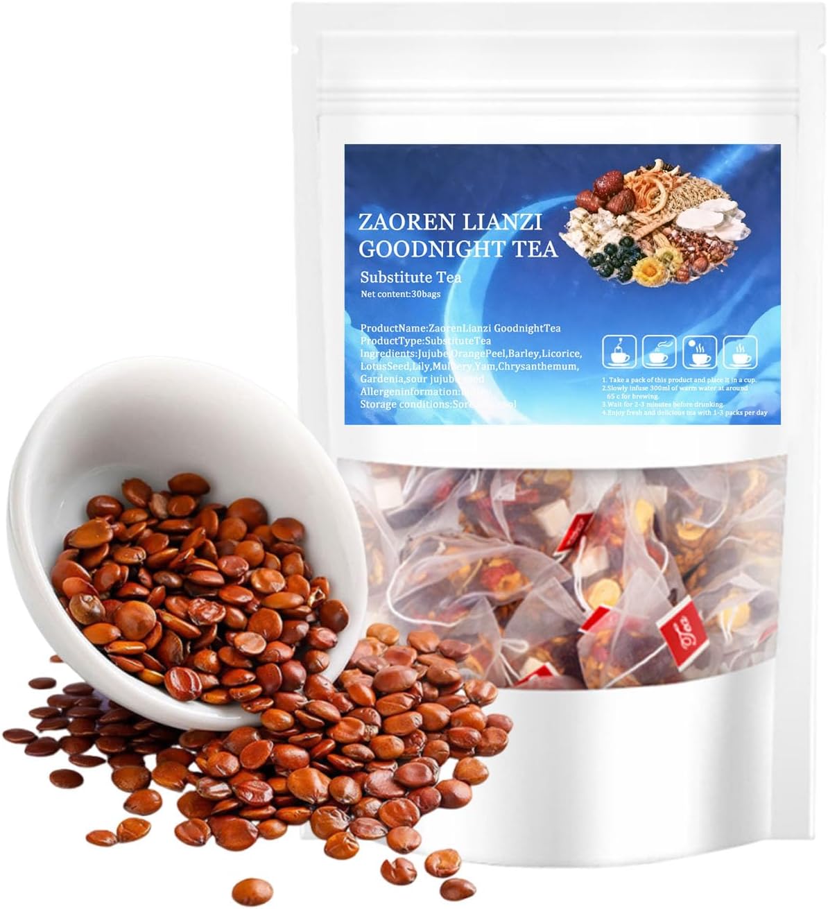 Ziziphus Sleep Tea(Sour Jujube Seed),ZaoRen LianZi Good Night Tea| Deep Sleep Aid | Caffeine-Free Calming Herbal Blend For Sleep (30PCS)