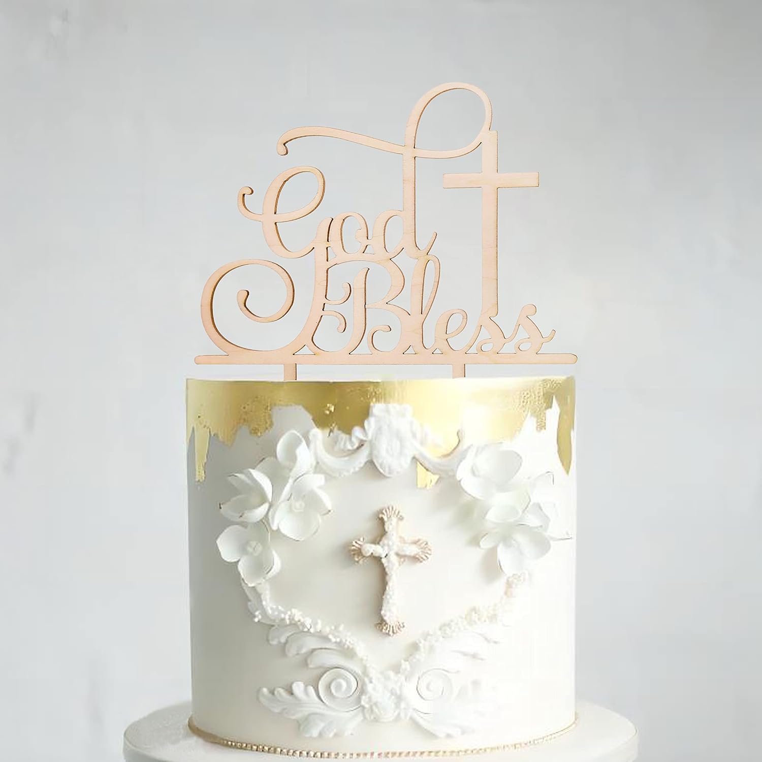 God Bless Wooden Baptism Cake Topper - Religious Baptism & First Communion Decoration, Cross Keepsake