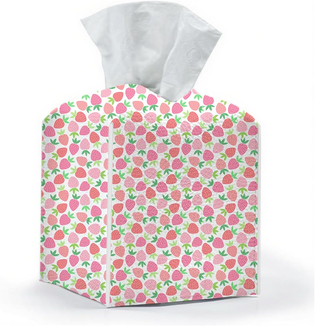 Tissue Box Cover, Tissue Box Holder, Square with Belt Bottom, PU Leather Decorative Organizer for Desk, Tabletop, Countertop Bathroom, Toilet Car, Office, Dresser Bedside, Aesthetic Strawberry Decor