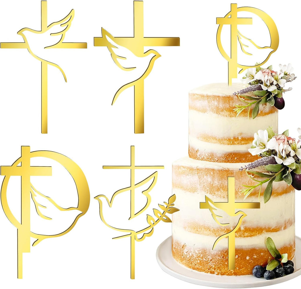 4 pcs Baptism Cake Toppers Acrylic Gold Dove Cross Cupcake Toppers Baptism First Communion Cake Decorations Supplies for Baby Shower Birthday Wedding Party Christian