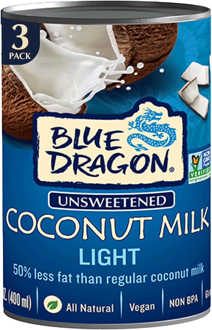Blue Dragon Light Coconut Milk - 13.5oz (Pack of 3) - 50% Less Fat - Vegan, Gluten Free, Unsweetened - Ideal For Curries, Soups & More - Non-BPA Canned Coconut Milk