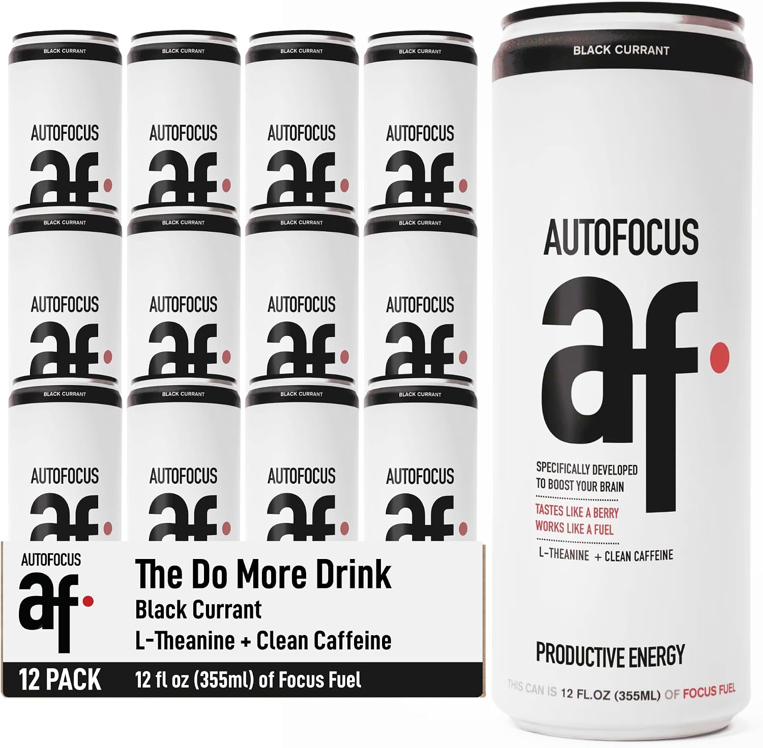 AUTOFOCUS Functional Energy Drink - Natural Focus Drink with Coffee Fruit & L-Theanine - Clean Caffeine Brain Booster - No Added Sugar. Productivity Energy Drink for Work & Study - Black Currant - 12oz Can