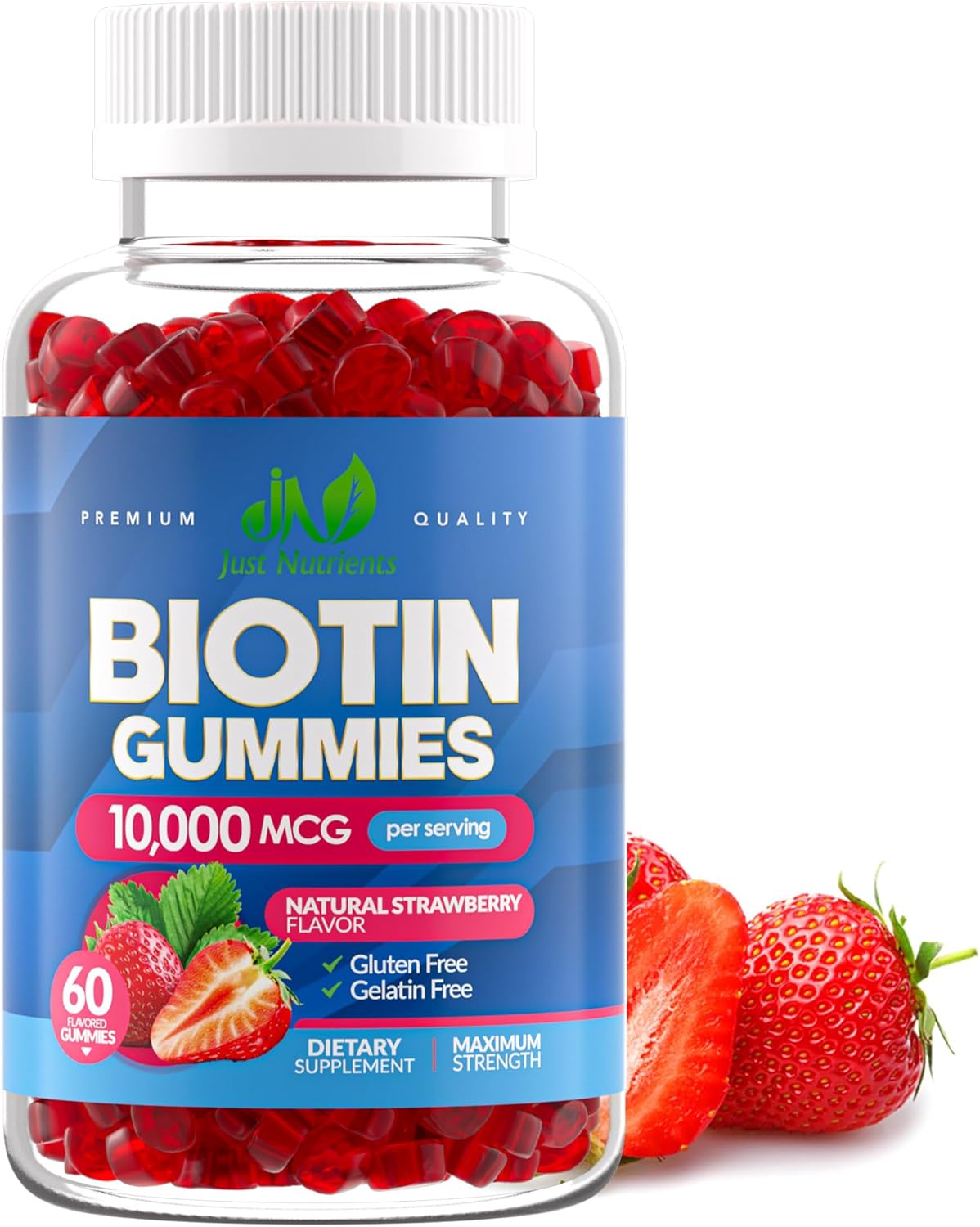 Biotin 10,000mcg Gummies for Hair Growth, Skin & Nails - 2x Maximum Strength Biotin Vitamins for Women & Men - Gluten-Free, Vegan, Non-GMO, Great Tasting Strawberry Flavor - 60 Gummies (1 Month)