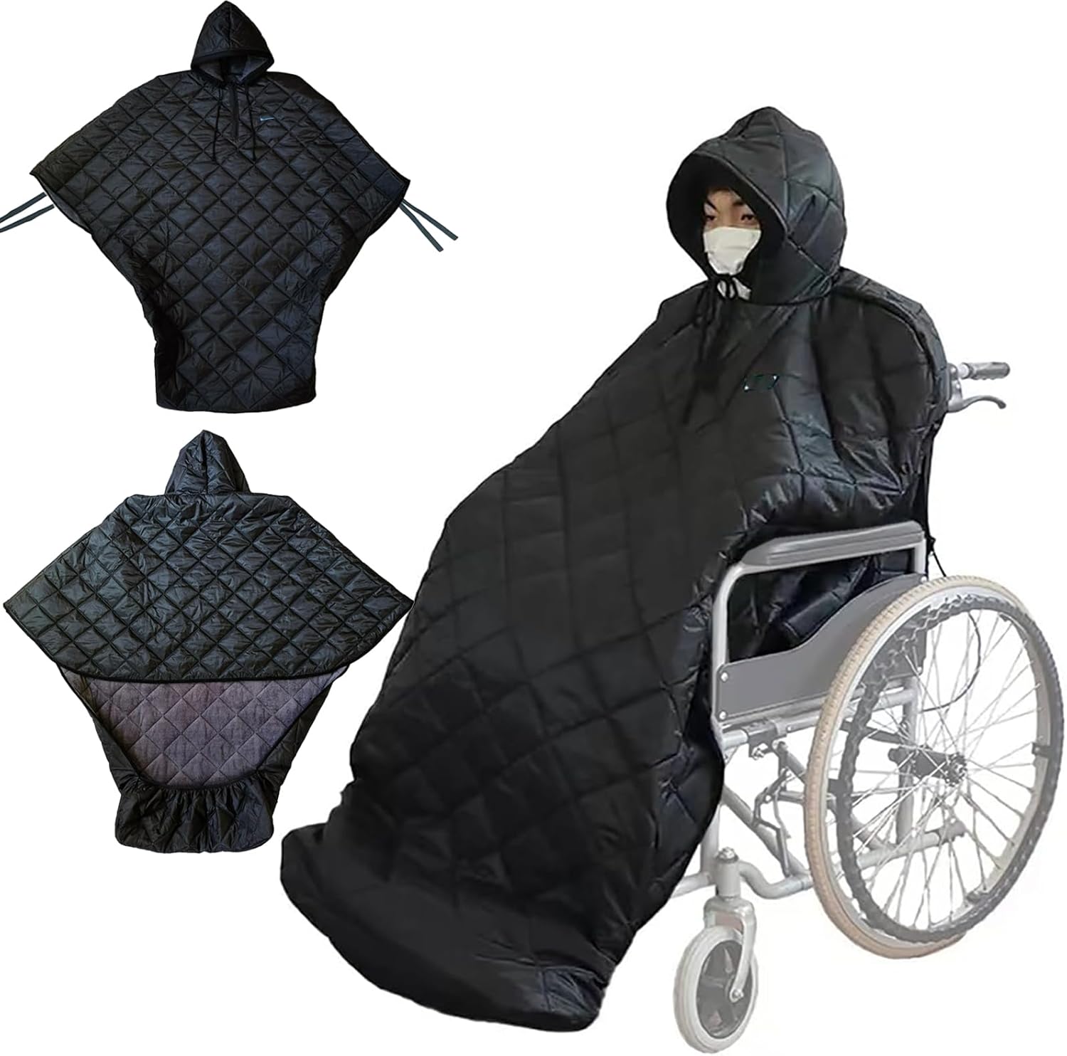 Waterproof Windproof Winter Wheelchair Full Body Warm Blanket, Fleece Lined Wheelchair Cosy Cover with Hood Rain Coat Poncho Cover for Adults Wheelchair Body Protection Blanket,Height Under 175 cm