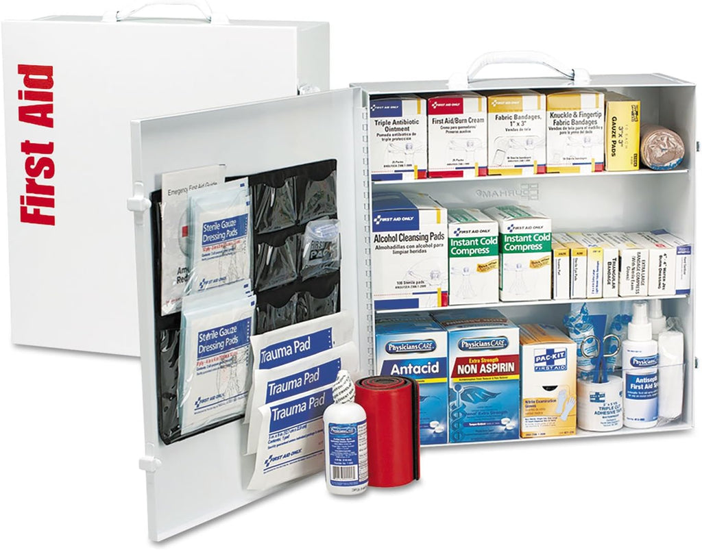 First Aid Only 90575 3-Shelf ANSI B+ and OSHA-Compliant First Aid Kit, 100-150-Person Emergency First Aid Kit for Business and Worksite, First Aid Metal Cabinet with Medications, 676 Pieces