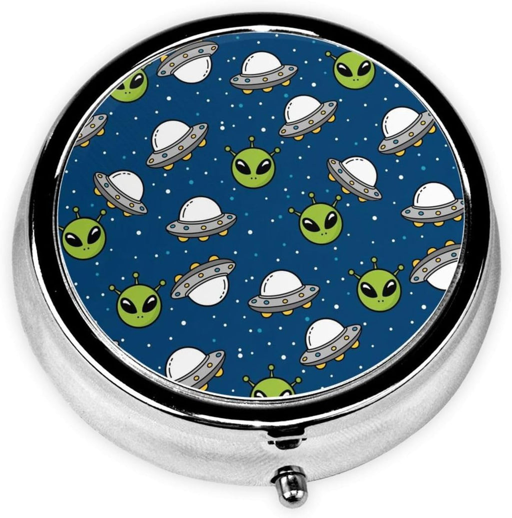 Purse Pill Organizer, Space Alien and UFO Head Cute Round Box, Compact Case for Vitamins, Travel Dispenser Pocket Carry for Her