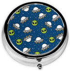 Purse Pill Organizer, Space Alien and UFO Head Cute Round Box, Compact Case for Vitamins, Travel Dispenser Pocket Carry for Her