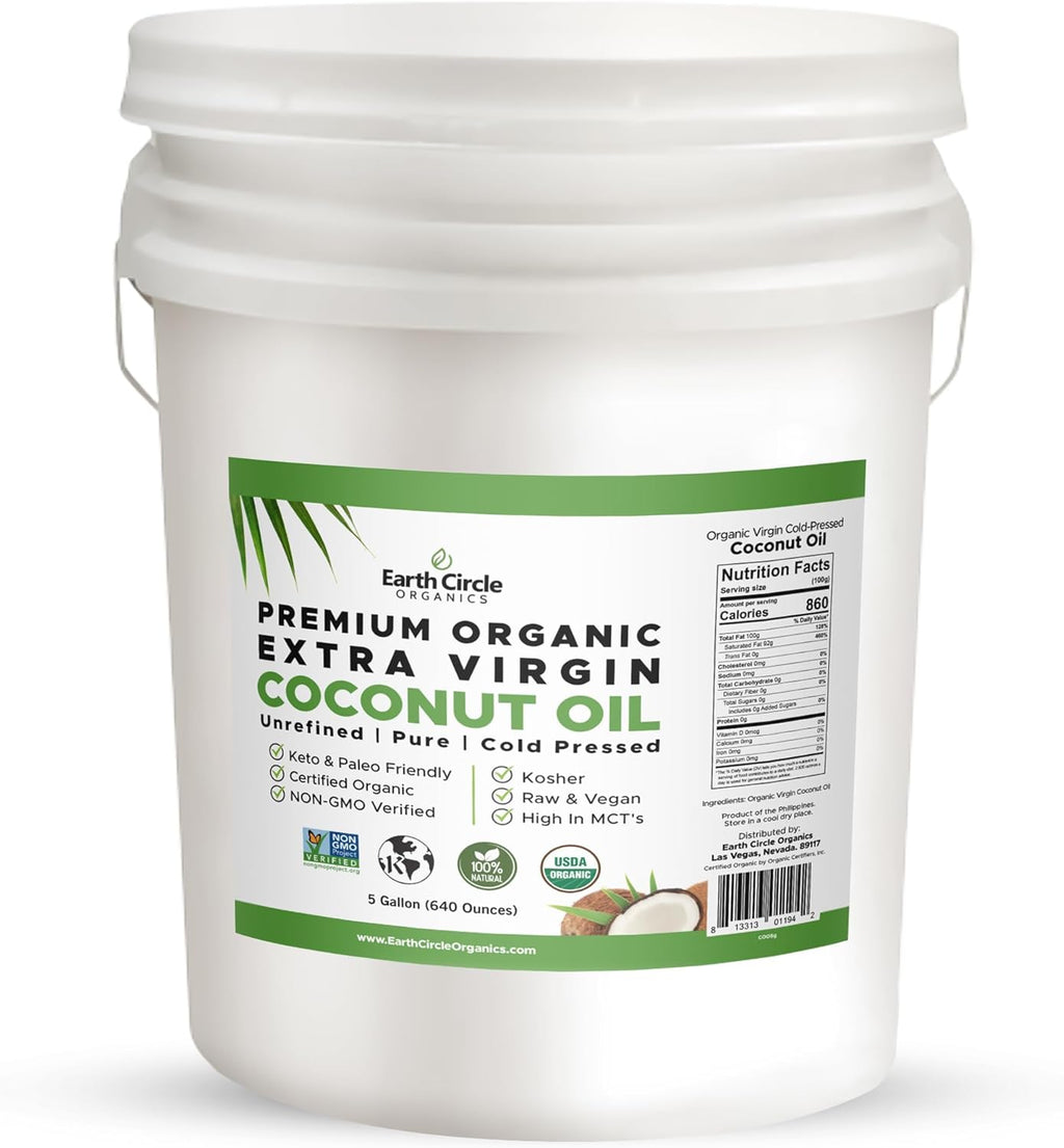 Earth Circle Organics Premium Ultra-Pure UNREFINED Cold Pressed Organic Extra Virgin Coconut Oil - Gluten-Free, Keto & Paleo Friendly - Pure Oil for Skin & Hair Care, Cooking, Baking & More - 5 Gallon
