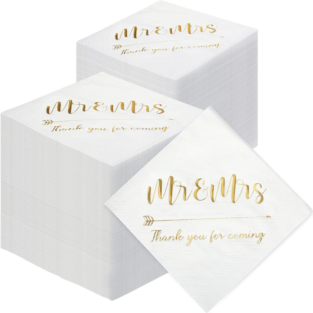 Teling 400 Pcs Wedding Napkins Gold Foil 3 Ply Mr Mrs Wedding Cocktail Napkins for Reception Engagement Bridal Shower Party Supplies Beverage Dessert Table Decorations(White)