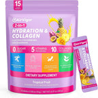 Electrolyte Collagen Powder Packets, 10g Collagen Protein Drink Mix for Hydration Recovery, Zero Sugar 2-in-1 Post Workout Rehydration, Joint Skin Muscle Support, 5 Vitamins, Tropical Fruit