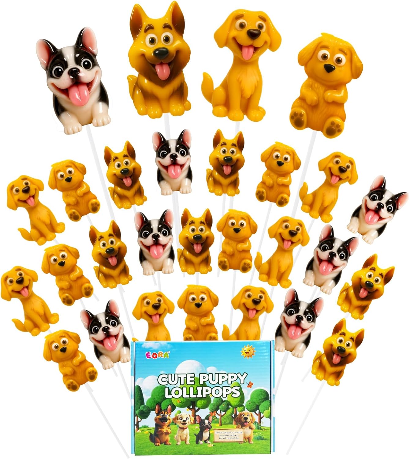 Puppy-Shaped Lollipops Individually Wrapped 24 Count, Human-Grade Pet-Themed Candy For People - Golden Retriever, French Bulldog, Labrador Puppy, German Shepherd Dog - Pet-Shaped Handmade Candy Sucker