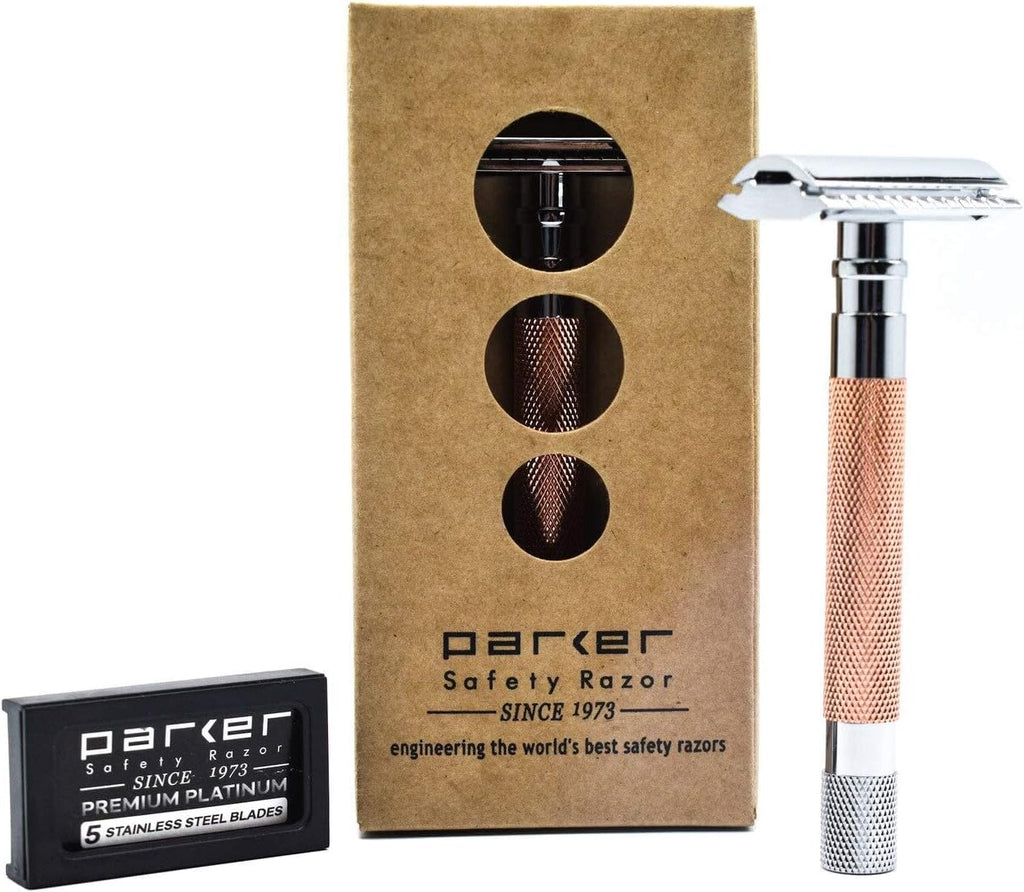 Parker 56R Heavyweight Double Edge Safety Razor with 5 Parker Premium Platinum Stainless Steel Razor Blades – Classic 3 Piece Design (Rose Gold))