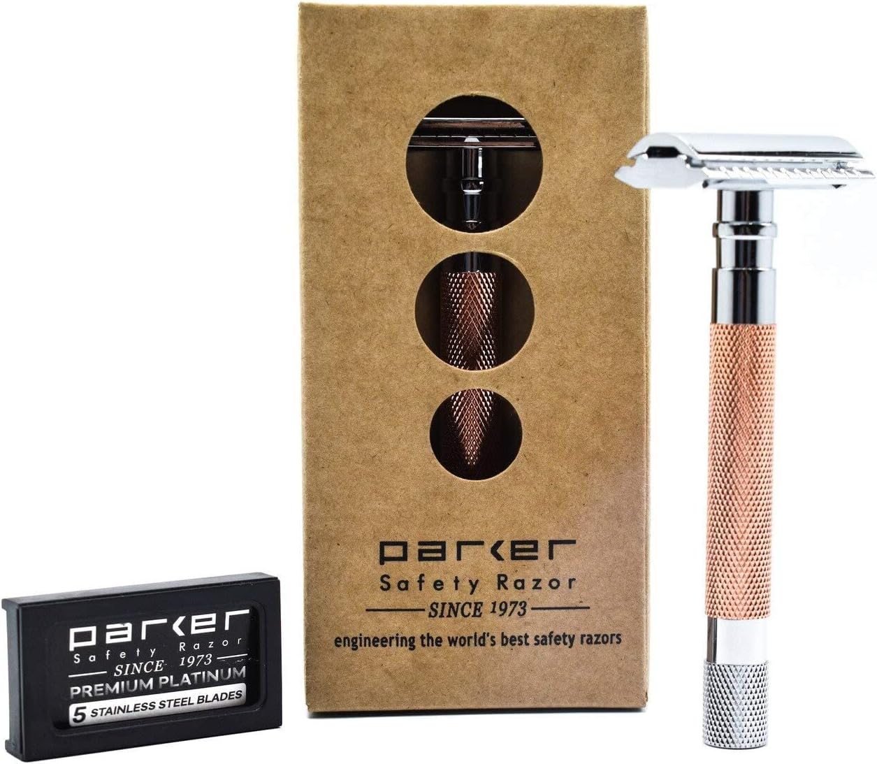 Parker 56R Heavyweight Double Edge Safety Razor with 5 Parker Premium Platinum Stainless Steel Razor Blades – Classic 3 Piece Design (Rose Gold))