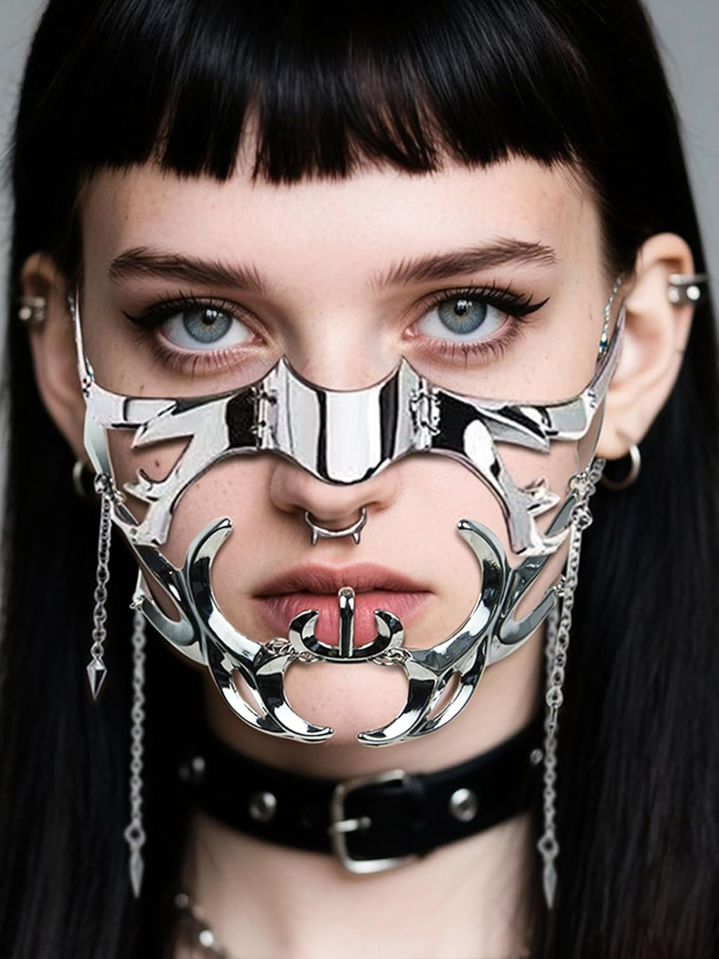 Cyber Punk Half Mask for Women Men Y2K Metal Face Mask Liquid Irregular Cyborg Face Chain Cosplay Jewelry Gifts