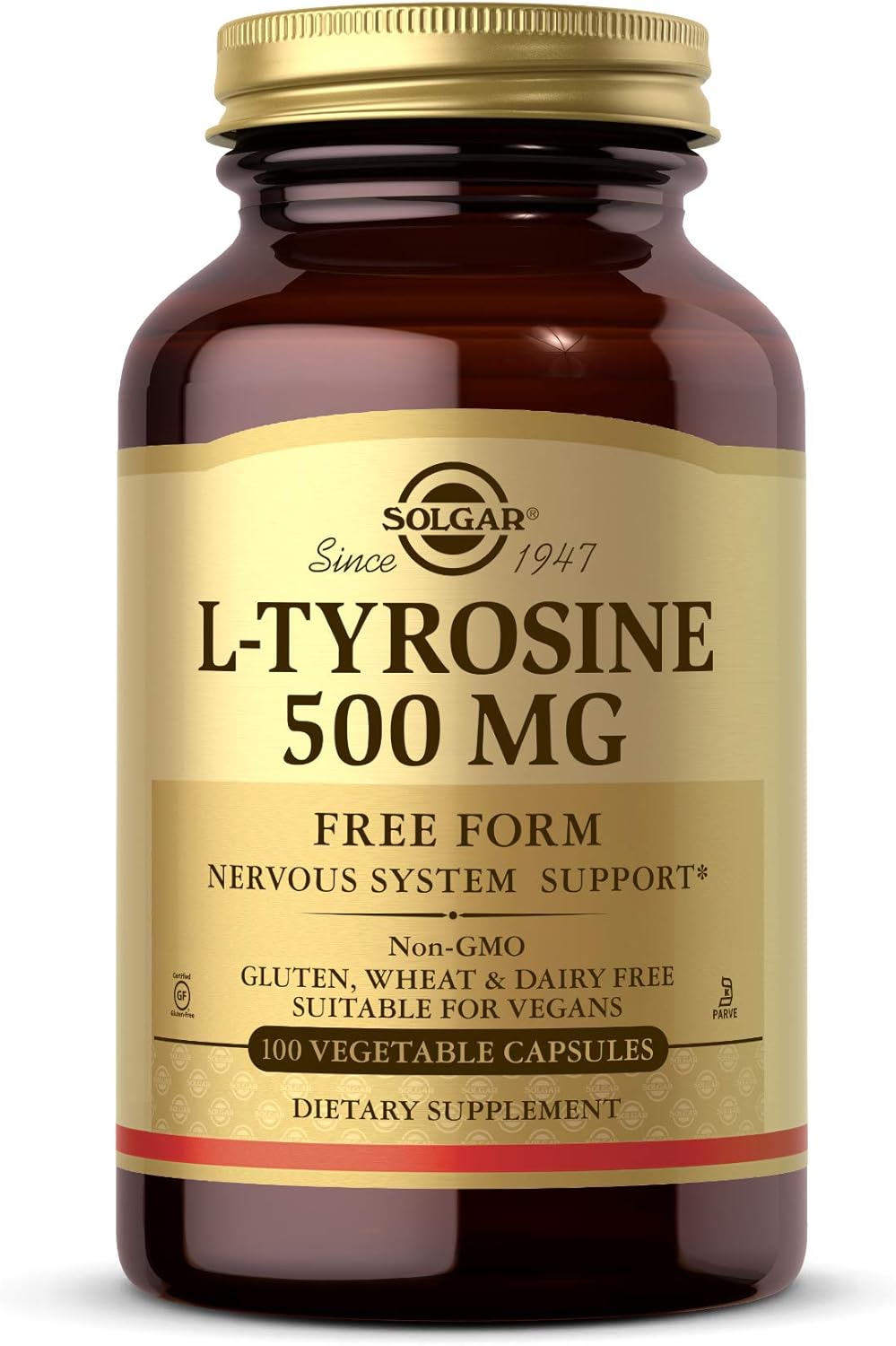 Solgar L-Tyrosine 500 mg, 100 Vegetable Capsules - Brain & Nervous System Support - Vegan, Gluten Free, Dairy Free, Kosher - 100 Servings,Standard Packaging