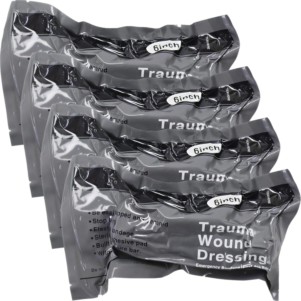 6'' Israeli Bandage 4 Pack, Vacuum Sealed Compression Trauma Dressing, Portable Wound Seal Bandages for Tactical Outdoor Combat Hiking Cycling Travel