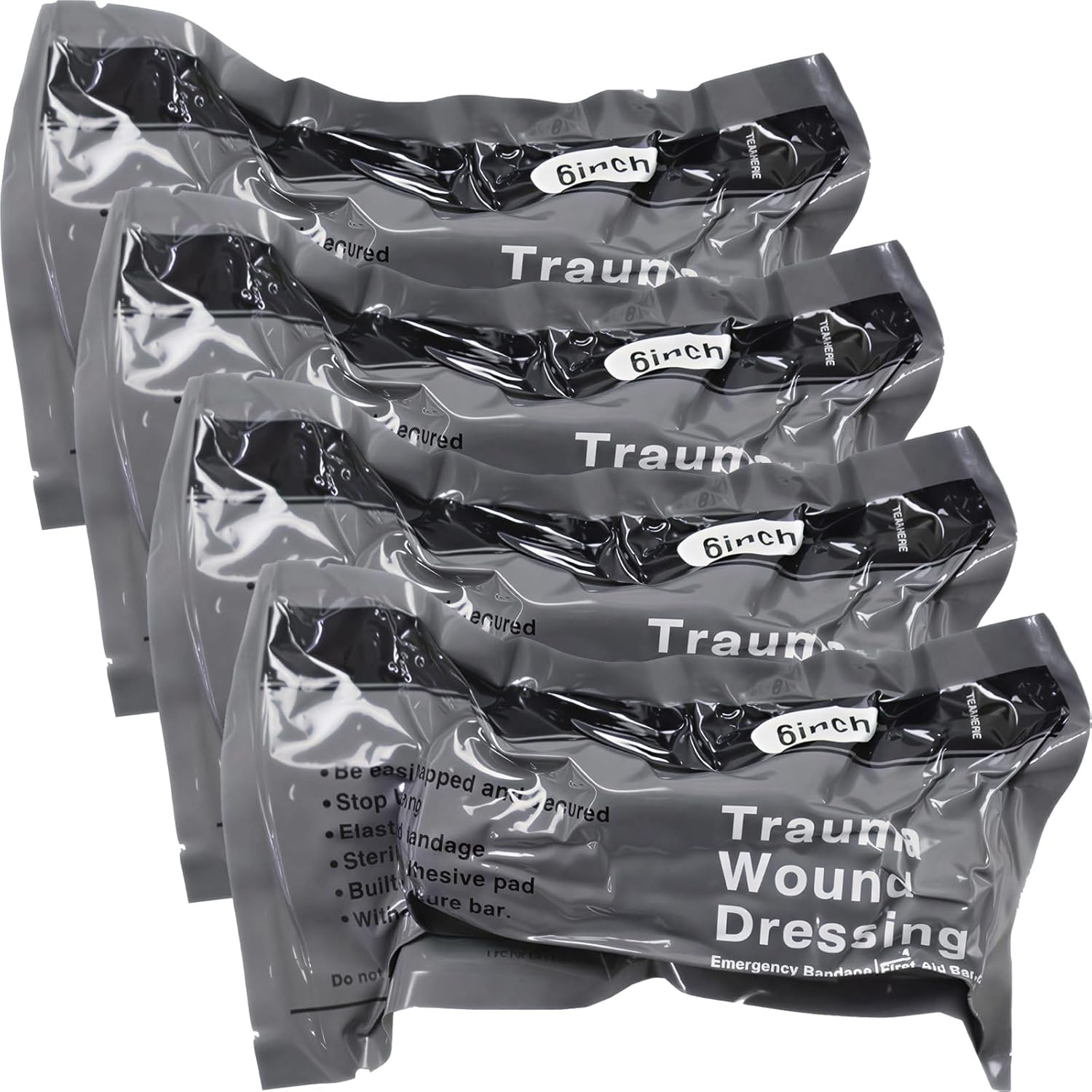 6'' Israeli Bandage 4 Pack, Vacuum Sealed Compression Trauma Dressing, Portable Wound Seal Bandages for Tactical Outdoor Combat Hiking Cycling Travel