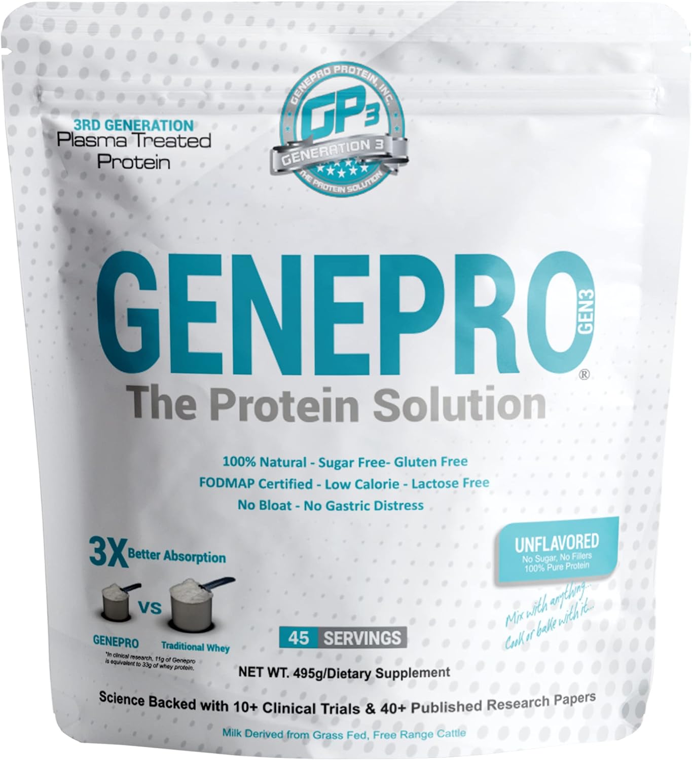 GENEPRO GEN. 3 Unflavored Protein Powder - New Formula - Lactose-Free, Gluten-Free, & Non-GMO Whey Isolate Supplement Shake (3rd Generation, 45 Servings)