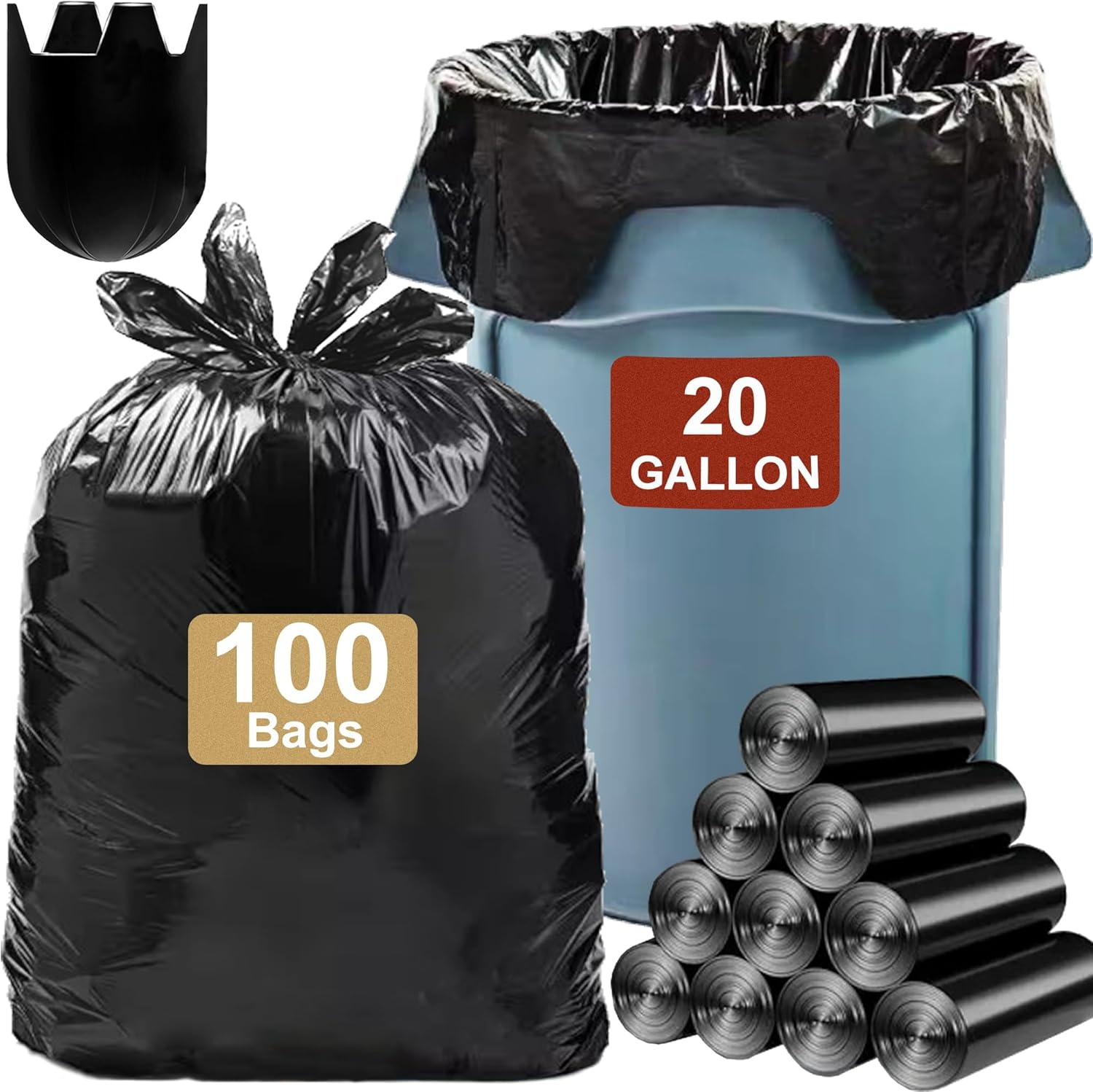20 Gallon Heavy Duty Trash Bags (100 Count) 1.2 MIL THICK with Twist Ties Compatible with Rubbermaid Brute & Winco & Behren 20 Gallon Round Trash Can Extra Large Sturdy & Tear-Resistant