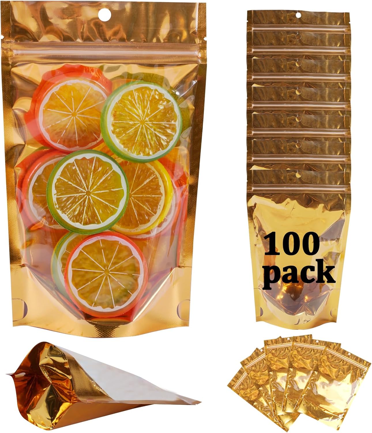 100 Pack Mylar Bags for Food Storage Resealable Aluminum Foil Stand Up Pouch with Window & Hang Hole 3.94×7.08 Inch Reusable Zipper Lock Food Packaging Heat Seal Bags for Small Business & Home - Gold