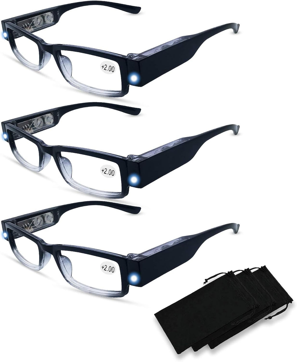 3 Pack Reading Glasses with Lights and Magnifier Reading Glasses with Lights in The Frame Bright Led Readers Magnifying Glass with Light for Men Women Led Readers Eyeglasses+1.5