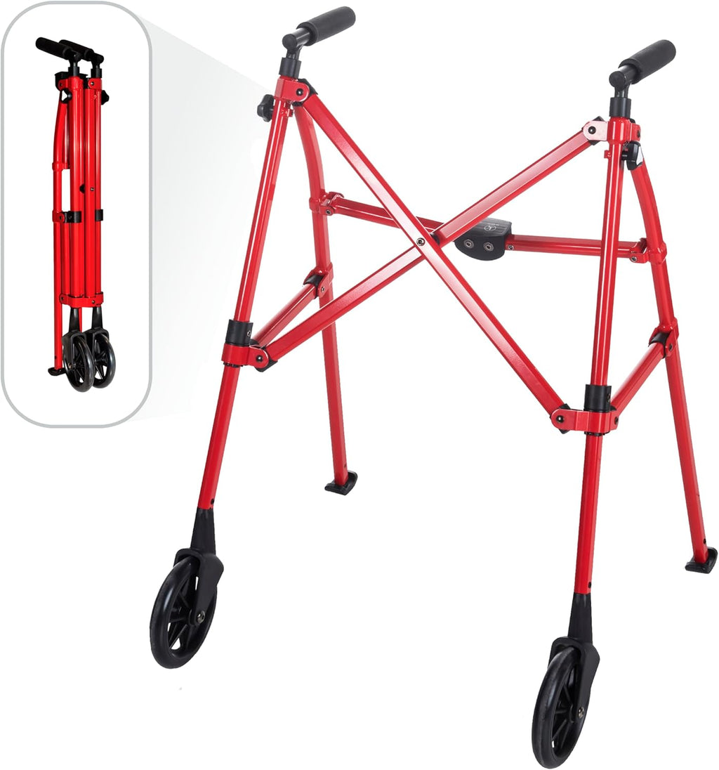Stander Space Saver Walker, Lightweight Folding Rolling Mobility Aid for Seniors & Adults, Compact 2-Wheel Disability Device with 6-inch Wheels & Ski Glides for Walking Support, Sport Red