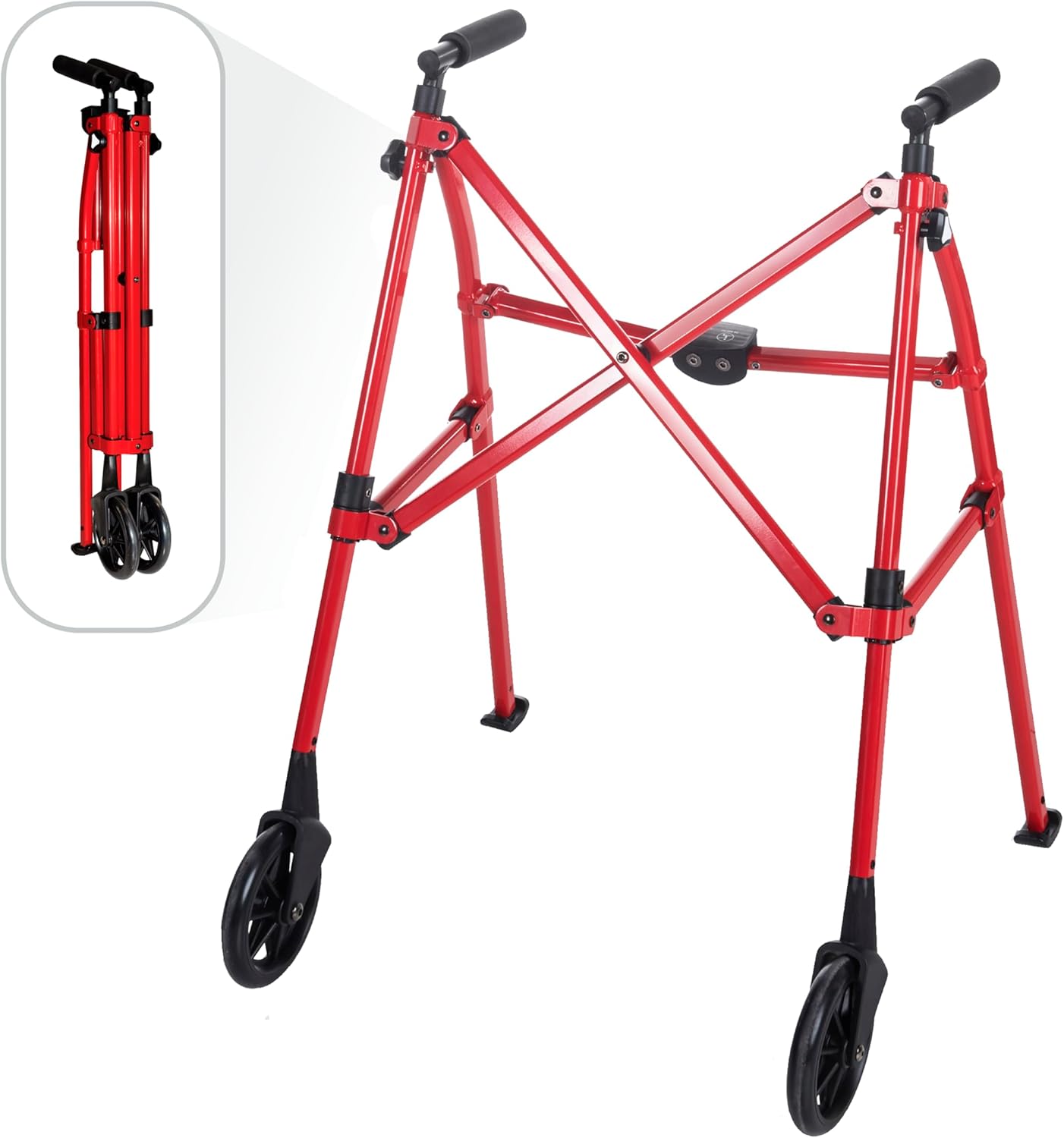 Stander Space Saver Walker, Lightweight Folding Rolling Mobility Aid for Seniors & Adults, Compact 2-Wheel Disability Device with 6-inch Wheels & Ski Glides for Walking Support, Sport Red