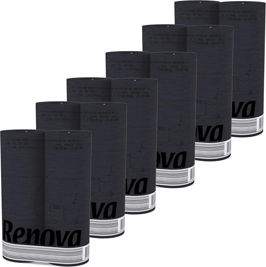 Renova 3 Ply Soft Black Toilet Loo Tissue Paper Lightly Scented 6 roll pack x 6