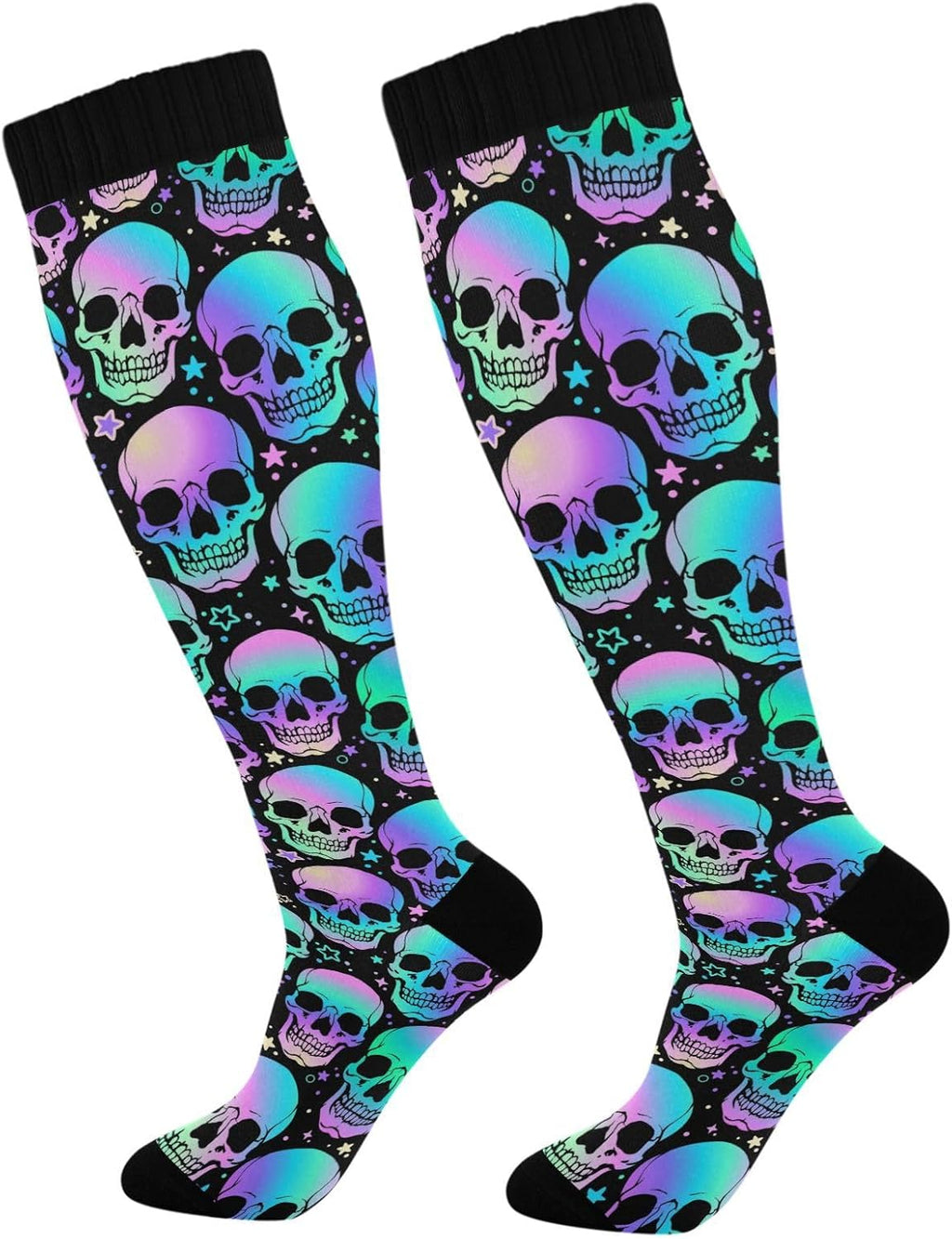 1 Pair Halloween Bright Skulls Compression Socks 20-30mmHg Knee High Women Socks Tube Athletic Stockings for Men Sport Soccer Running Cycling Medical Nurse Winter Travel