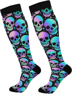 1 Pair Halloween Bright Skulls Compression Socks 20-30mmHg Knee High Women Socks Tube Athletic Stockings for Men Sport Soccer Running Cycling Medical Nurse Winter Travel